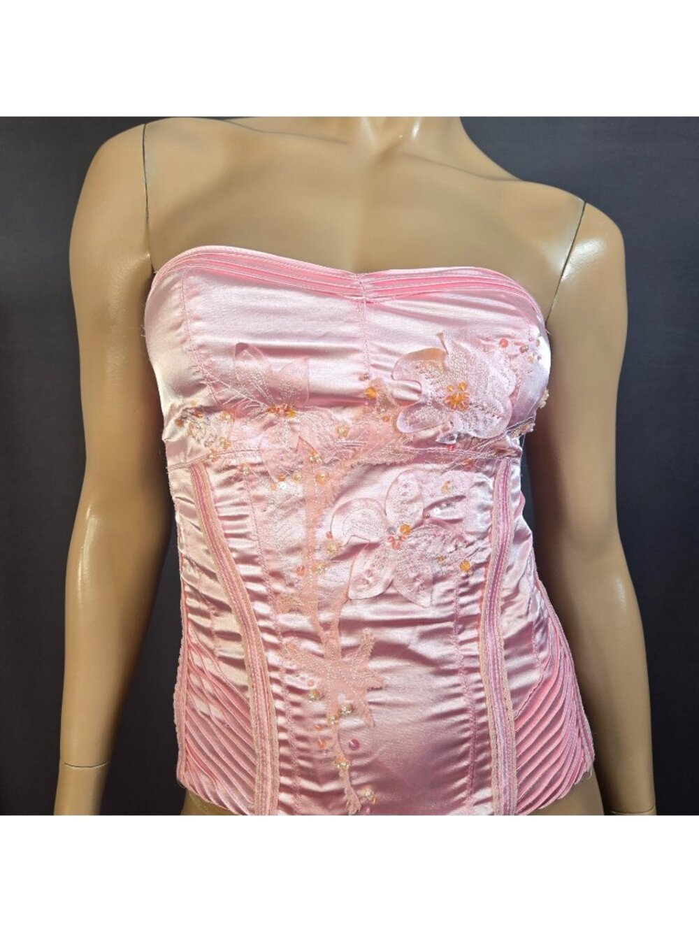 Vintage Y2K Pink Satin Corset Top Size XXS Floral Sequin Beaded Fairy Coquette